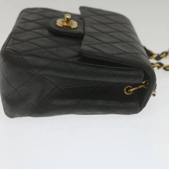 CHANEL Mini Matelasse Chain Flap Shoulder Bag Lamb Skin Black Gold Auth hs689AV - Picture 4 of 16